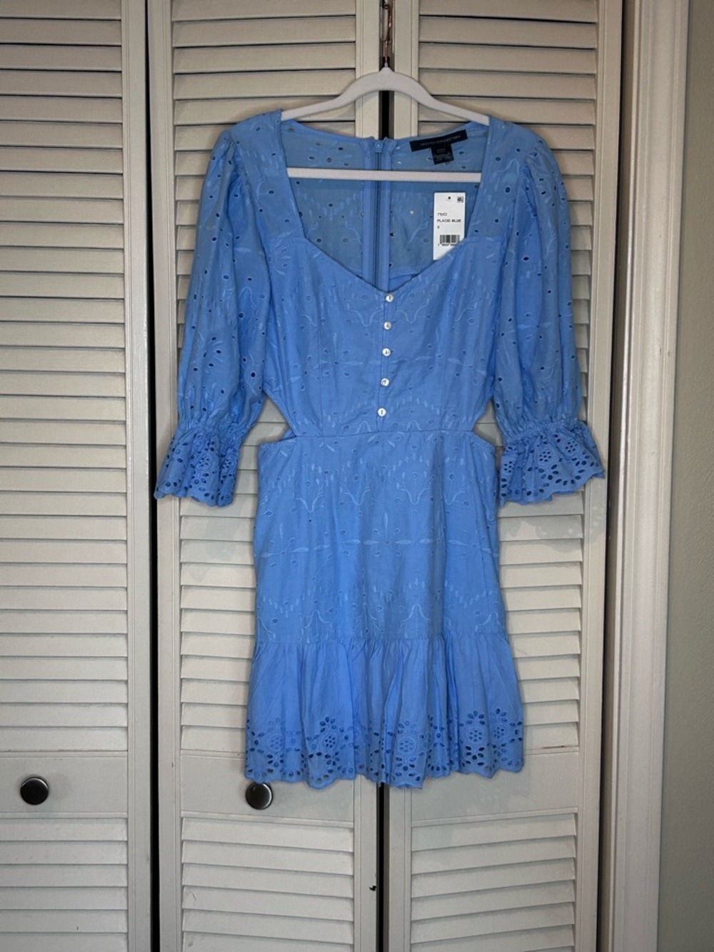 French Connection Blue Eyelet Puff Sleeve Mini Dress Size 2 - Picture 4 of 6
